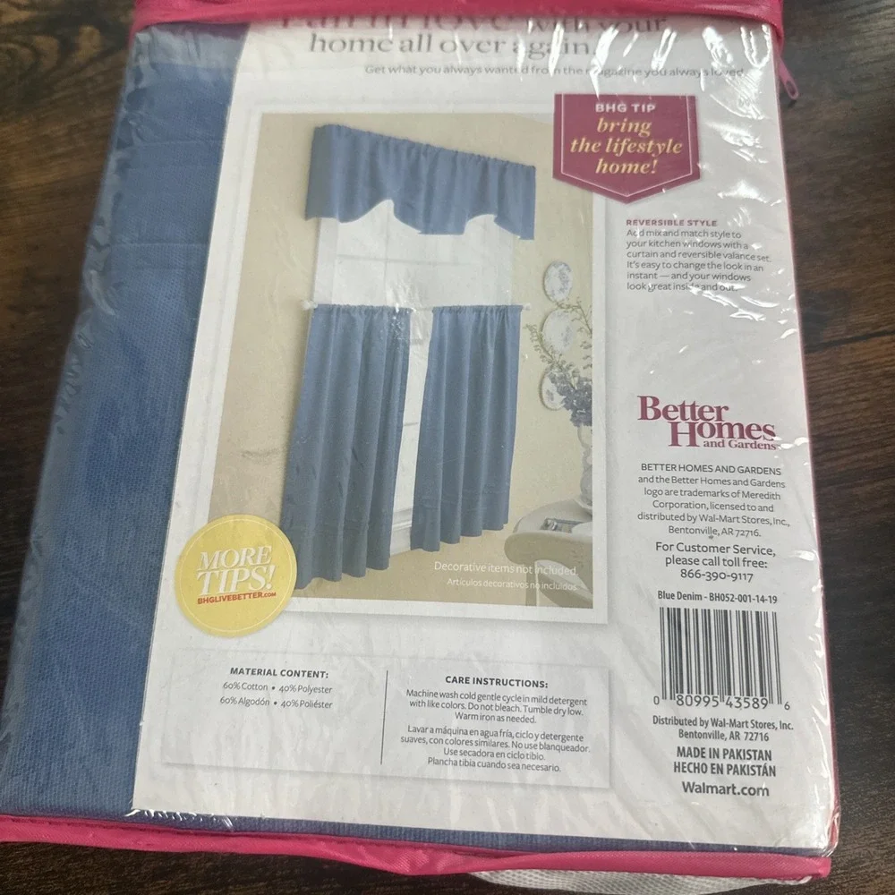 NOS 3 Pc. Better Homes & Gardens Kitchen Curtain Set Checks n Solids Blue Denim